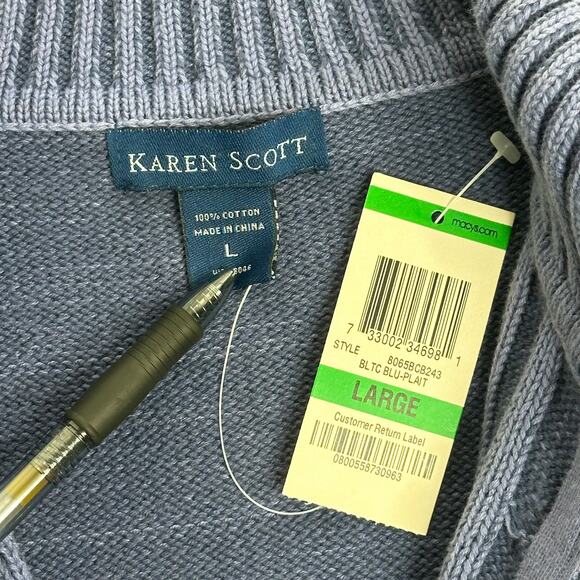 NWD Karen Scott Blue Cable Knit Fisherman Sweater Zip Up Womens Size Large L Y2K - Picture 7 of 12